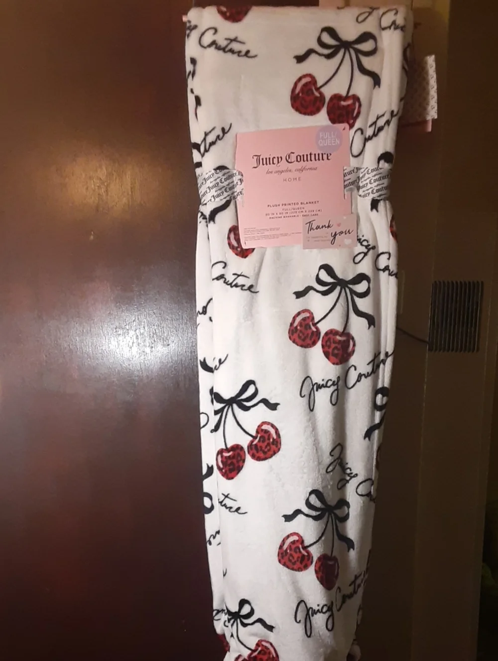 Full Queen Juicy Couture Plush Blanket in White with Red Cherries and Black Bows